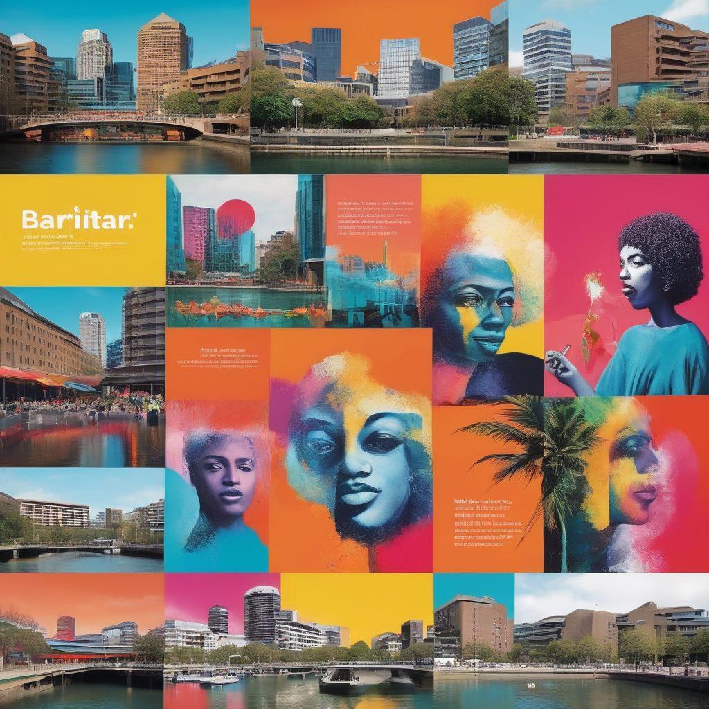A vibrant collage of diverse community members engaging in various art forms like painting, sculpture, and music, set against the backdrop of the iconic Barbican Centre. Incorporate cultural symbols and artistic elements that reflect the melting pot of ideas and expressions, with a warm, inviting atmosphere. Emphasize a sense of togetherness and conversation through the use of colorful speech bubbles and creative interactions. super-realistic. vibrant colors. urban background.