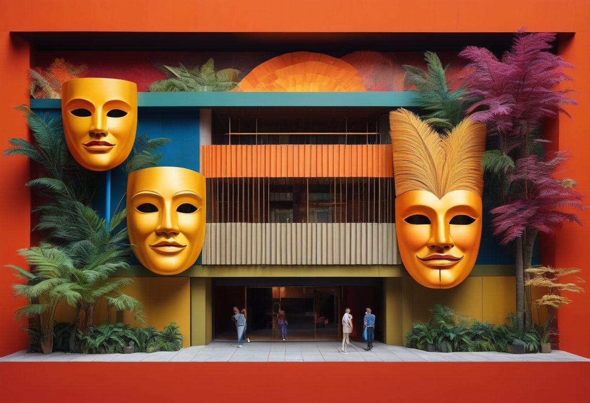 A vibrant collage showcasing the Barbican Centre's iconic architecture, surrounded by diverse artistic elements like theater masks, brush strokes, and musical notes. Include people of various backgrounds enjoying art, interacting with installations, and attending performances, all bathed in warm, inviting colors. Highlight the contrast between modern and traditional art forms. super-realistic. vibrant colors. 3D.